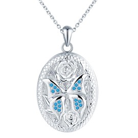Butterfly Locket for Opening Pictures Necklace Women's 925 Silver with Zircon: Rose Photo Chain Oval Pictures Pendant Necklace Amulet Jewellery Gift for Women Mum Girlfriend Girls, Sterling silver,