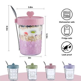 B.GUBOBOYA Glass Overnight Oats Containers With Lids and Spoons, 4PC Glass Mason Jars, Wide Mouth Mason Salad Jars, Glass Meal Prep Container for Cereal Snacks Pudding Yogurt (Pink/Green/Purple/Blue)