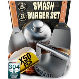 Smashi Smash Burger Set with Wooden Handles, Grill Accessories Made of 304 Stainless Steel, Burger Press, Spatulas & Burger Bell, Includes 25 Recipes (Classic)