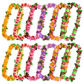 AWCIGG Hawaii Flower Necklace, Pack of 12 Hawaii Chain with Green Leaves, Multicoloured Hawaiian Chain Flower Chain, Hawaii Chains for Hawaii Costume, Hawaii Luau, Beach, Birthdays, Party Decoration