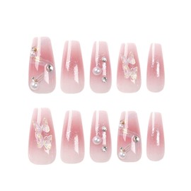 POKENGDA Coffin Acrylic Fake Nails Design,Nail glue included,Long Super Bling Press on Nails,Reusable Bling French Acrylic Daily False Nail Kits for Women