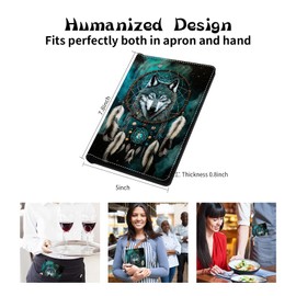 RAUEDWDJS Server Book for Waitress with Everlasting Pencil, Money Pocket Leather Wallet Booklet, Guest Check Receipt Holder Presenters, Waiter Accessories Fit Server Apron-Dream Catcher Wolf
