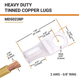 SELTERM 25pcs 2 AWG 3/8" Stud Marine Grade Tinned Copper Battery Cable Lugs, 2 Gauge Ring Terminals, UL Wire Lugs Electrical Battery Cable Ends, Tinned Copper Lugs Battery Terminal Connectors