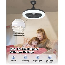 Socket Fan Light with Remote Control, 3 Colors 3000K-6500K Dimmable LED Light Bulb Fan Screw in Ceiling Fan for Bedroom, Kitchen, Storage Room, Closet, Wireless Small Ceiling Fans with Lights - Black