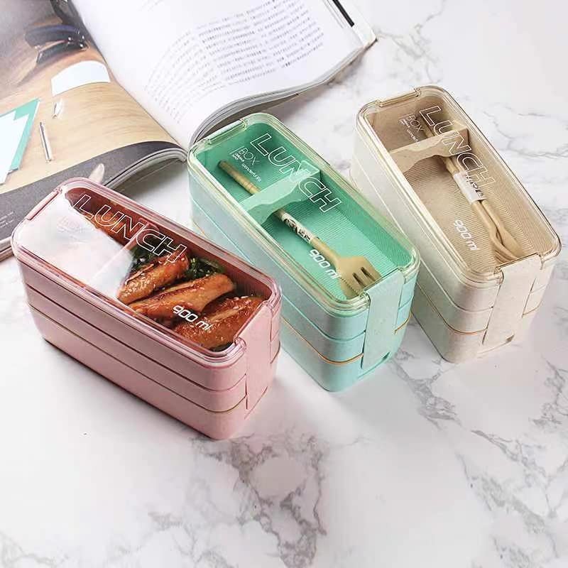 Mejiwasmi Portable Bento Box, 3-layers Lunch Box, 900ML Wheat Straw
