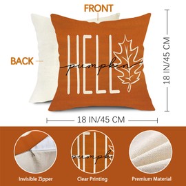 Fjfz Fall Hello Pumpkin Maple Leaves Decorative Throw Pillow Covers 18 x 18 Set of 4, Autumn Orange Blue Fall is in The Air Porch Outdoor Home Decor, Polka Dot Plaid Farmhouse Couch Cushion Case