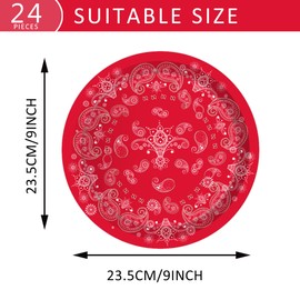 24Pcs 9 Inch Red Bandana Western Paper Plates Red Bandana Themed Dinner Paper Plates Set Red Bandana Party Supplies