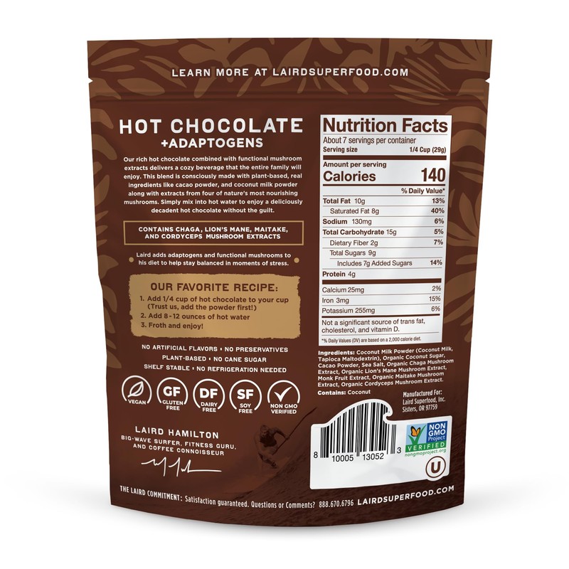 Laird Superfood Functional Mushrooms Hot Chocolate, Organic Cacao Powder Blended