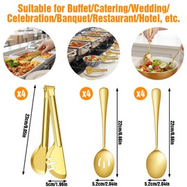 PercyEffie 12PCS Gold Stainless Steel Serving Utensils, Large Serving Spoons,Slotted Spoons Servings Tongs Appetizer Tongs for Buffet Catering Banquet Party (Gold)