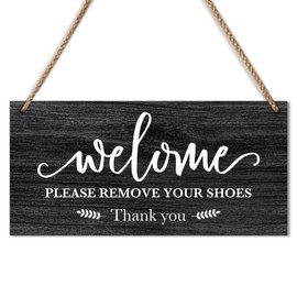 Remove Your Shoes Welcome Wooden Sign – 12 x 6 Inch Rustic Farmhouse Hanging Wall Decor for Entryway, Front Door, Porch, Shoes Off Inside, Kindly Thank You, Housewarming Gift -C02
