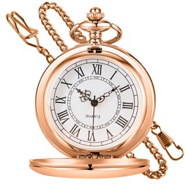 Tiong Vintage Pocket Watch with Chain Smooth Steel Roman Numerals Quartz Pocket Watch with Chain for Men Christmas Birthday Gifts, Rose Gold, vintage