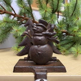 3-D Snowman & Trees Christmas Stocking Holder Cast Iron Hooks for Christmas Socks Easily Rest on a Mantel, Fireplace, or Book Shelf Heavy Duty & Durable Holiday Season Decor