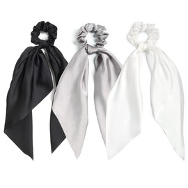 LFOUVRE 3PCS Hair Scarf Scruncheis for Women Knotted Bow Hair Ties Elastic Bands Satin Hair Ribbon Scrunchy Red Ponytail Holder for Women and Girls (Black White Gray)