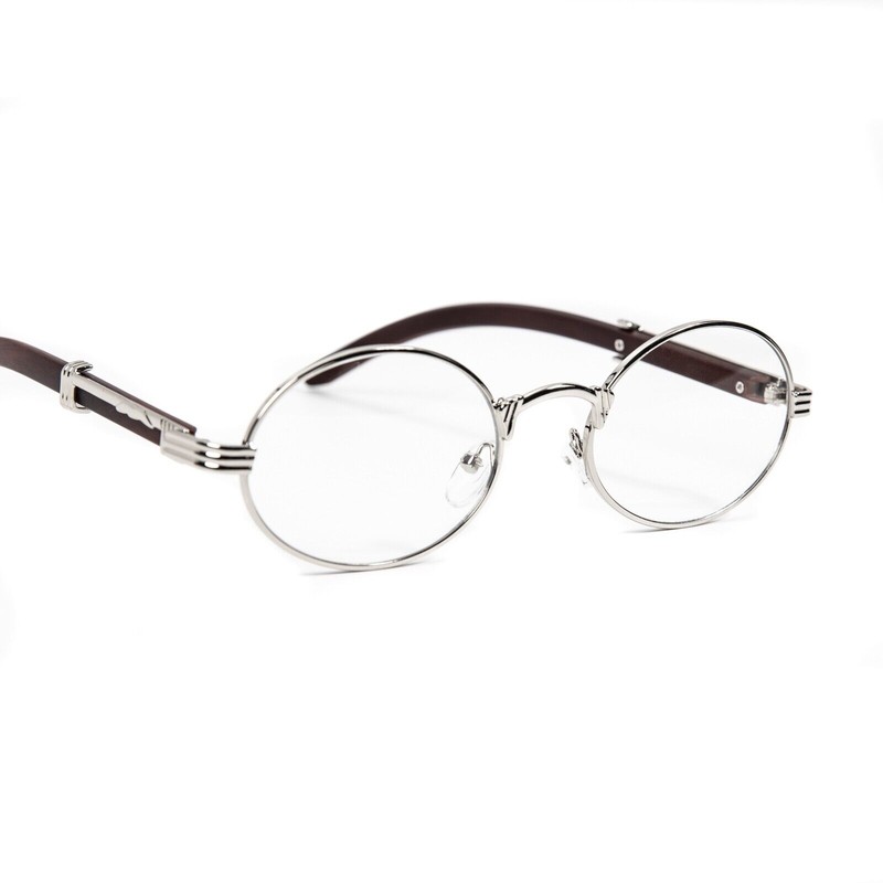 Street Knitted Men's Woodgrain Silver Frame Circle Clear Tint Designer