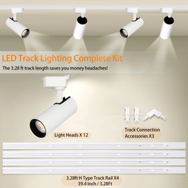 Bravsekai Ultra-Bright H Type Track Lighting Kit with 13.1 FT Track Rails, 12 Heads 6000K Cool White 20W 2400lm, Dimmable Plug in LED Track Lights Modern Indoor Spotlight Fixture