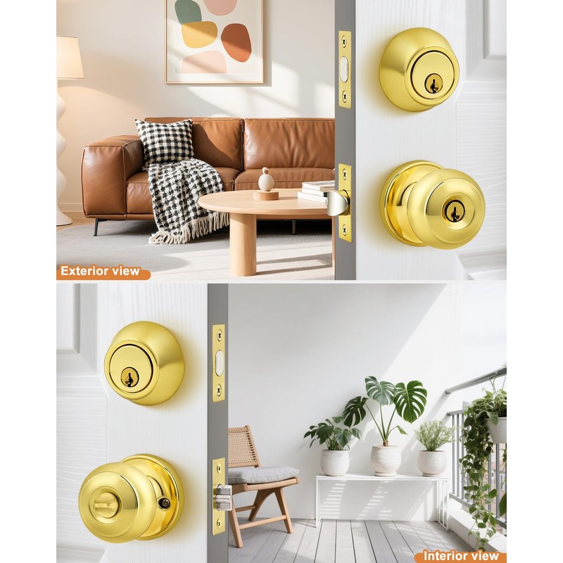 Probrico Door Knob and Single Cylinder Deadbolt Lock Set, Polished