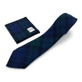 Mens Harris Tweed Necktie Handkerchief Pocket Square Set (Black Watch Tartan)