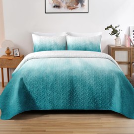 Zzzboro Quilt Set Full Queen Size for Children Kids Adults, Turquoise Ocean Waves Teal Abstract Bedding Decor Aqua Elegant White Pastel Cloud Bedspread Bedroom Coverlet Bed Comforter 2 Pillowcases