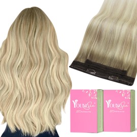 YoungSee 120G Wire Hair Extensions Human Hair Ombre Hair Extensions Invisible Wire Balayage Ash Blonde Ombre Platinum Blonde Invisible Wire Real Human Hair Extensions 18Inch