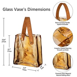 Glass Purse Vase for Flowers Amber Vases for Centerpieces Glass Bag Vase with Leather Handle Small Bag Vase for Decor Decorative Fish Bowl Handbag Vase for Home Wedding Decor