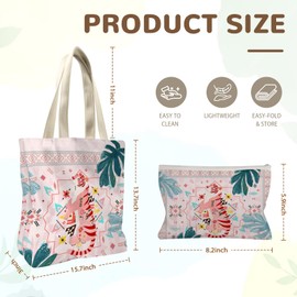 Wazzio 2 Pcs Canvas Bag with Makeup Bags, Tiger Tote Bag for Women, Birthday Gifts for Tigers Lovers Friend Sister Wife Bestie, Reusable Tiger Gifts Bag Set for Shopping Gym Travel Vacation Work