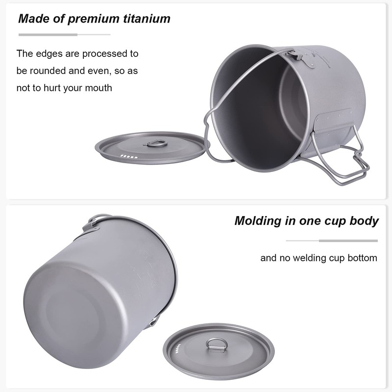 Boundless Voyage Outdoor 1100 ml Titanium Pot with Lid Folding