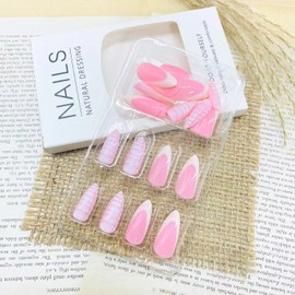 LWTZLW White French Tip Press on Nails Medium Almond Fake Nails Pink Gradient Full Cover Glue ons Nails French Tip Pink Oval Acrylic False Nail Glossy Artificial Nail Reusable for Women