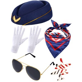 Bencailor 6 Pcs Women's Flight Attendant Costume Accessories Stewardess Outfits Flight Attendant Hat Sunglasses Scarf Gloves (Dark Blue)