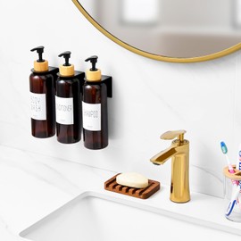 VITVITI Shampoo and Conditioner Dispenser, 3 Chamber Body Wash Shampoo Dispenser for Shower Wall, 17oz Refillable Plastic Pump Shower Bottle No Drill with Labels (Brown)