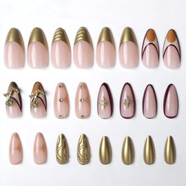 FNKFNK Gold French Tips Press on Nails Medium Almond Fake Nails with Rhinestones Design Gold Rose Nail Charms False Nails Chrome 3D Water Ripple Glue on Nails Reusable Stick on Nails for Women 24Pcs