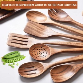 KitchenClick 9-Piece Wooden Spoons for Cooking – Teak Wooden Utensil Set with Hooks, Spoon Rest, Holder & Gloves, Nonstick & Heat-Resistant Wooden Cooking Utensils, Durable Spoon Set for Kitchen