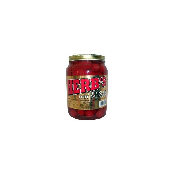 Herbs RED HOT Pickled Sausage (Half Gallon. Jar) 20 Count Beef & Chicken No Pork ( From Candy World)