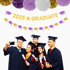 Purple White-Gold Party-Decoration Graduation Banner - 8pcs Kits Cap Garland Streamers, Paper Tissue Pom Poms Flowers, 2025 Craduate Banner Congratulations Grad Decor Lasting Surprise