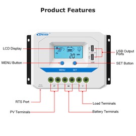EPEVER® 10A Solar Charge Controller 12V/24V Auto Working PWM Solar Panel Charge Regulator with LCD Display and Powerful Dual USB Output