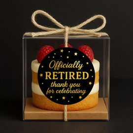 100 x Retirement Party stickers, Officially Retired Thank You for Celebrating Labels, 1.6" Gold Foil on Black Labels, Retirement Party Invitation/Candle Favor/Gift Box/Bag Labels