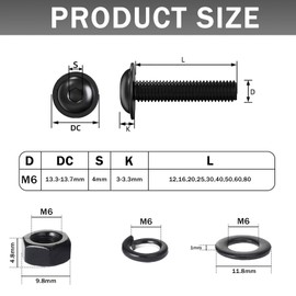 QANCEN 10 Pcs Flanged Button Head Socket Cap Screws M6x80mm, Black 304 Stainless Steel Nut and Bolt Fully Thread with Flat & Lock Washers Assortment Kit