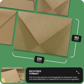 Netuno 50 Kraft Paper envelopes C5 162x229 mm 6.4x9 in 100gsm Natural Brown Recycled envelopes Aster Kraft Large Vintage envelopes for Invitations Wedding Cards eco-Friendly envelopes Papier Kraft