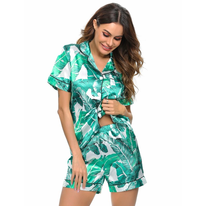 LecGee Womens Silk Satin Pajamas Set Short Sleeve Sleepwear Button
