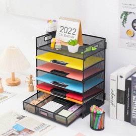 Lavatino 6 Tray Paper Organizer Letter Tray with Drawer - Mesh Desk File Organizer, Paper Sorter Organizer for Office, Home or School File Folder Holder - Black
