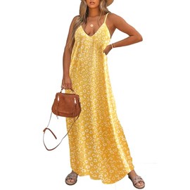 Poetsky Floral Print Dresses for Women Casual Summer Spaghetti Strap Boho Beach Dress Maxi Long Sundresses, Yellow Floral, L