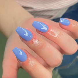 KQueenest Baby Blue Press On Nails Almond Short Ballerina, Jelly Gel Coffin Nails for Sticking Short, Shiny Fake Nails Fingernails for Sticking, Simple Acrylic Nails for Women Manicure, Pack of 24