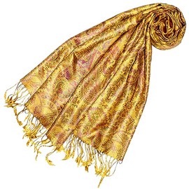 Lorenzo Cana Pashmina 78638 Women's Scarf Jacquard Woven 100% Silk Paisley Pattern Silk Scarf Gold Yellow, Yellow pastel tones
