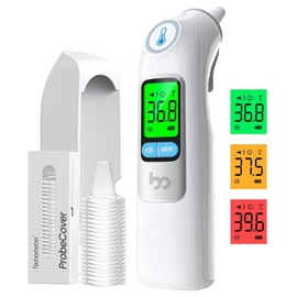 Fever Thermometer Ear for Adults & Children, 1s Result High Precision Ear Thermometer, 30 Memory Retrieves, 3-Colour Fever Alarm, with 21 Disposable Probe Covers & Storage Box (LCD White)
