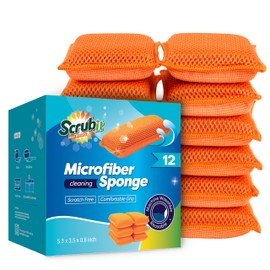 SCRUBIT Reusable Sponges for Dishes - 12 Pack Microfiber Sponges Kitchen Dish Scrubber, Machine Washable & Non-Scratch Scrubbers (Orange)