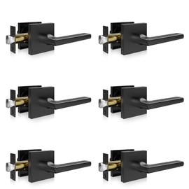 VEVOR Passage Door Handle, 6 Pack Matte Black Door Lever, Left or Right Handing Reversible Lever Non-Locking, 45° Rotation to Open, Square Interior Door Handles for Hallways, Closets, Meeting Spaces