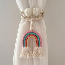 champracer Pack of 2 Curtains Tiebacks Rainbow Boho Curtain Holders, Tassels Curtain Clips Tieback Rope, Curtains Hooks Rings Rainbow for Home Children's Room Decoration (Pink Rainbow)