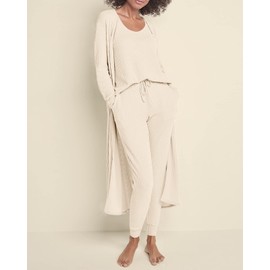Eurivicy Womens Lounge Set Waffle Knit 3 Piece Pajama Sets Tank Tops Loose Pants with Long Cardigan Loungewear 2024 Beige