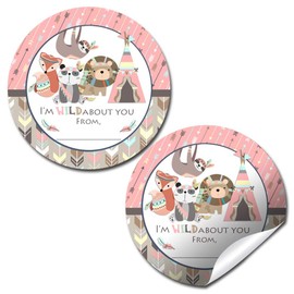 Wild Adventure Animal-Themed Valentine Party Favor Sticker Labels for Girls, 40 2" Party Circle Stickers by AmandaCreation, Great for Classroom Valentines, Envelope Seals, Gifts & Treats