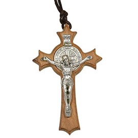 Crucifix Necklace – Saint Benedict Cross with Benediktusme Daille on a String – Benedict Cross Olive Wood Body and Medal NEW Silver 7 cm