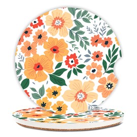 Flowers Absorbent Car Coasters for Cup Holders,2 Pack 2.56" Ceramic Coasters with Cork Back and Finger Slot, Auto Accessories for Women & Men.